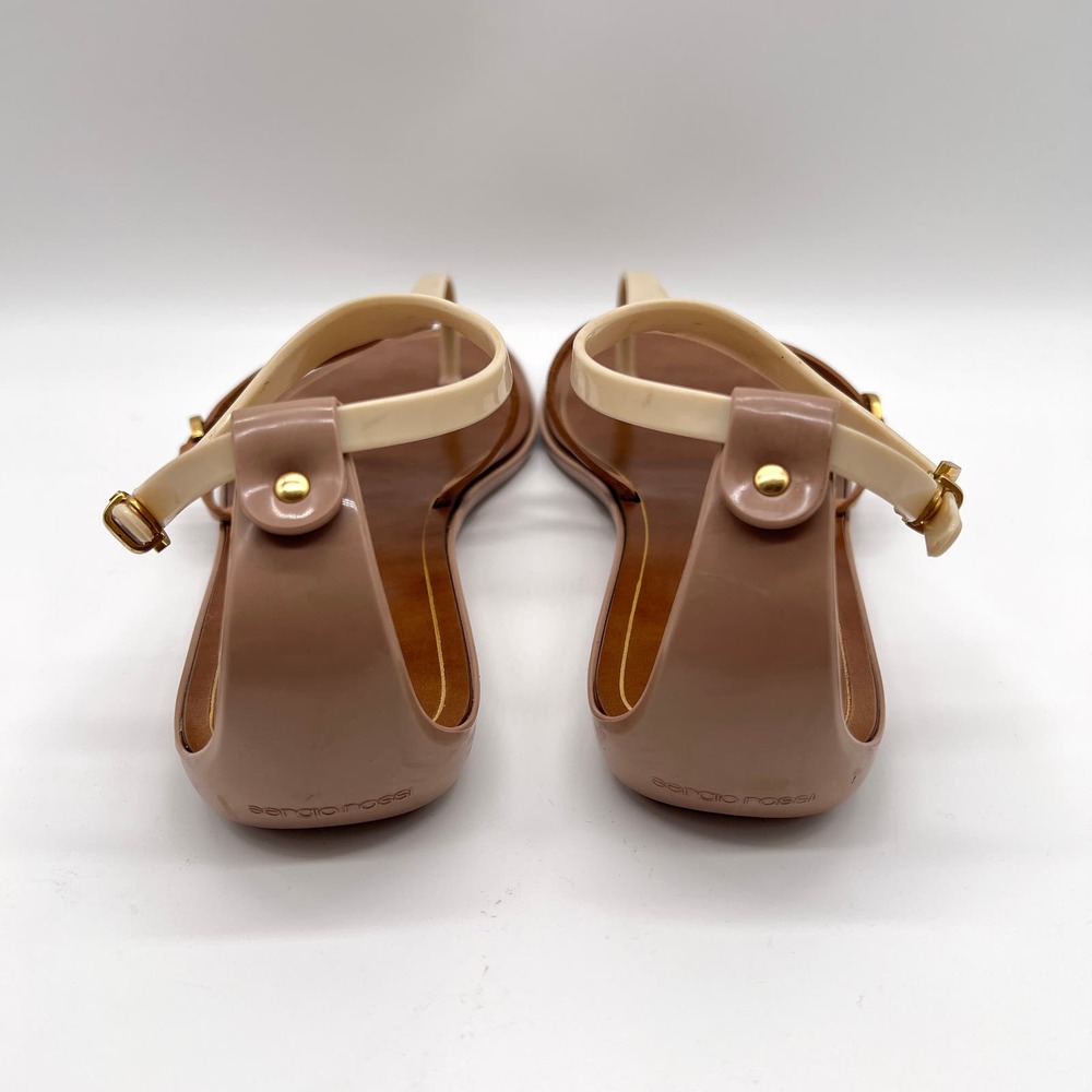 SERGIO ROSSI Shoes Womens 38 Cream Brown T-strap Jelly Sandal Thong Flip Flop - Picture 6 of 12